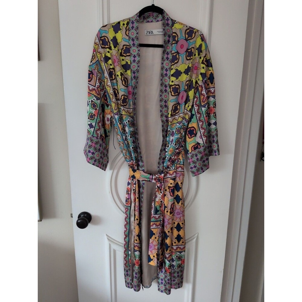 Zara Kimono Robe XS Wild Print Patchwork Midi Open Front with Tie Satin Lining - Picture 12 of 16